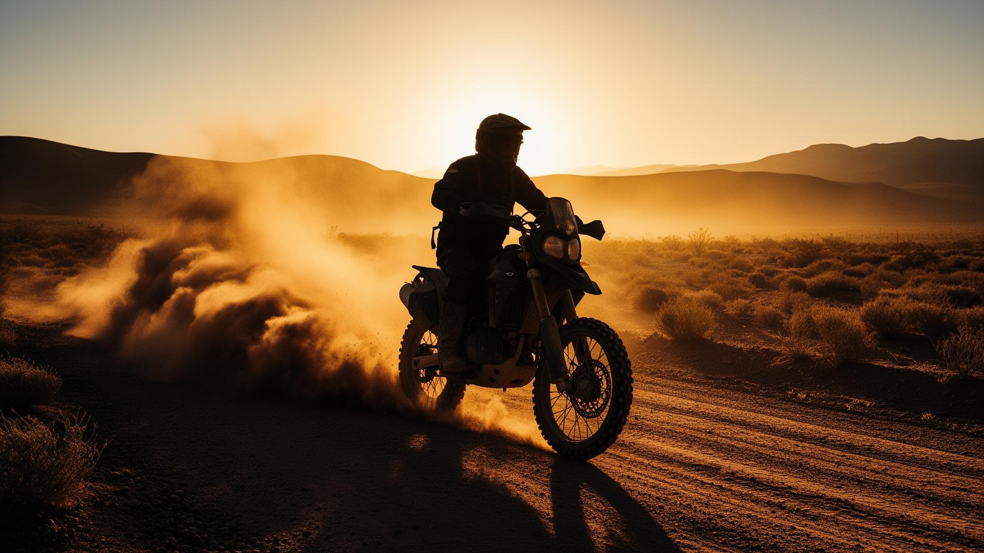 Rider kicking up dust on a desert backroad at golden hour