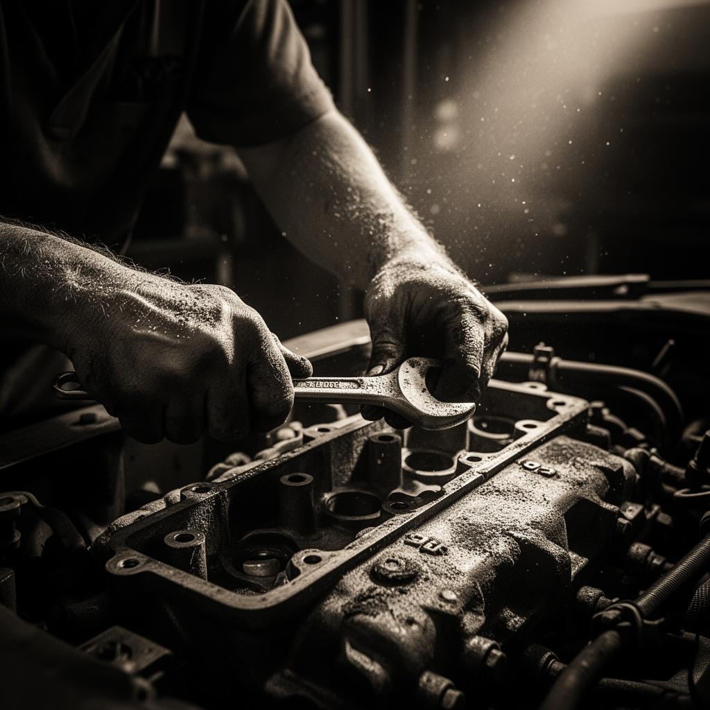 Mechanic hands gripping a wrench on an engine block